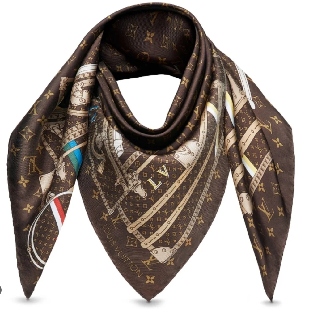 Louis Vuitton Scarf  Travel Trunks Monogram Brown Silk Wrap